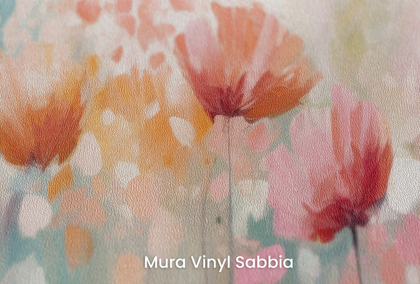 Zbliżenie na artystyczną fototapetę o nazwie Blossom Rain na podłożu Mura Vinyl Sabbia struktura grubego ziarna piasku.