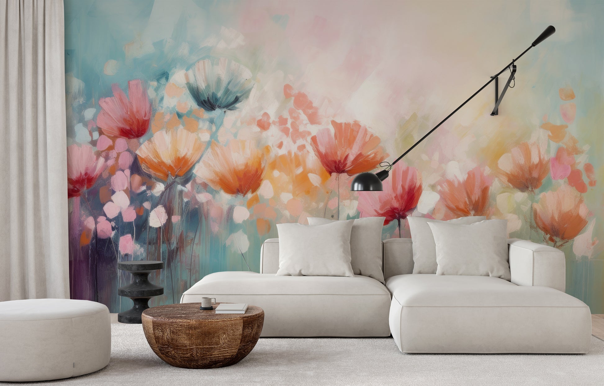 Wzór fototapety malowanej o nazwie Blossom Rain pokazanej w aranżacji wnętrza.