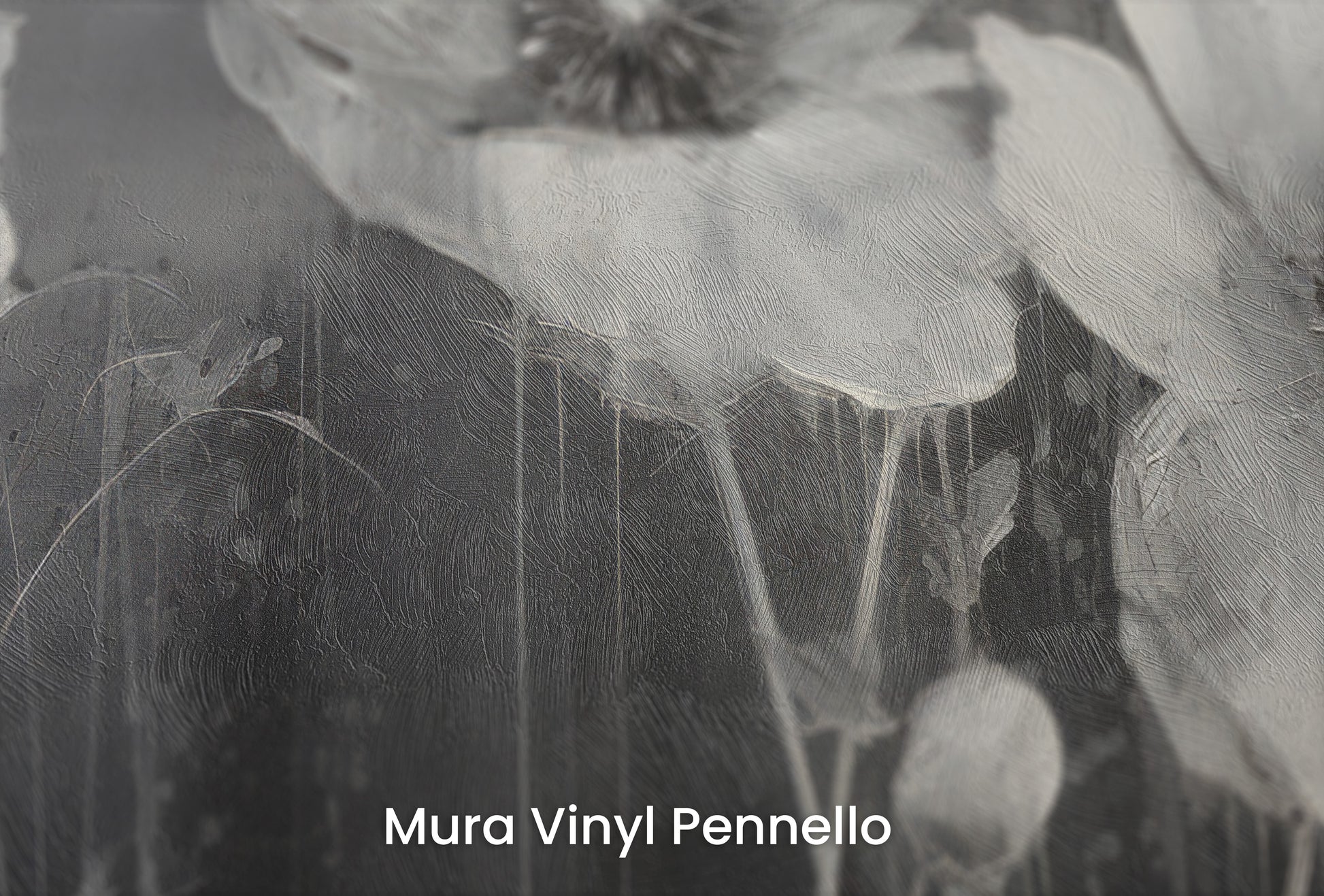 Zbliżenie na artystyczną fototapetę o nazwie NOIR FLORAL WHISPER na podłożu Mura Vinyl Pennello - faktura pociągnięć pędzla malarskiego.