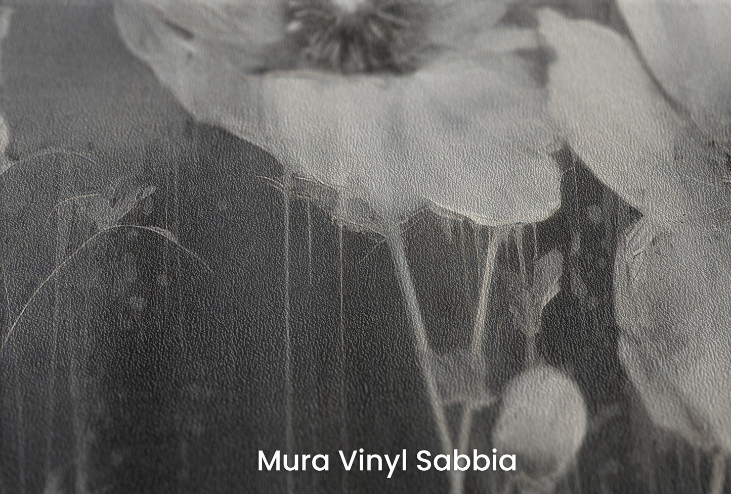 Zbliżenie na artystyczną fototapetę o nazwie NOIR FLORAL WHISPER na podłożu Mura Vinyl Sabbia struktura grubego ziarna piasku.