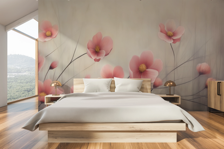 Wzór fototapety malowanej o nazwie Delicate Bloom pokazanej w aranżacji wnętrza.