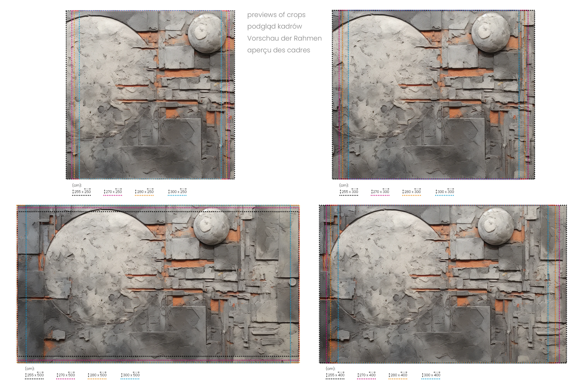 Na obrazie znajduje się prezentacja przykładowych rozmiarów fototapety o nazwie Lunar Concrete. Rozmiar fototapety jest dowolny.