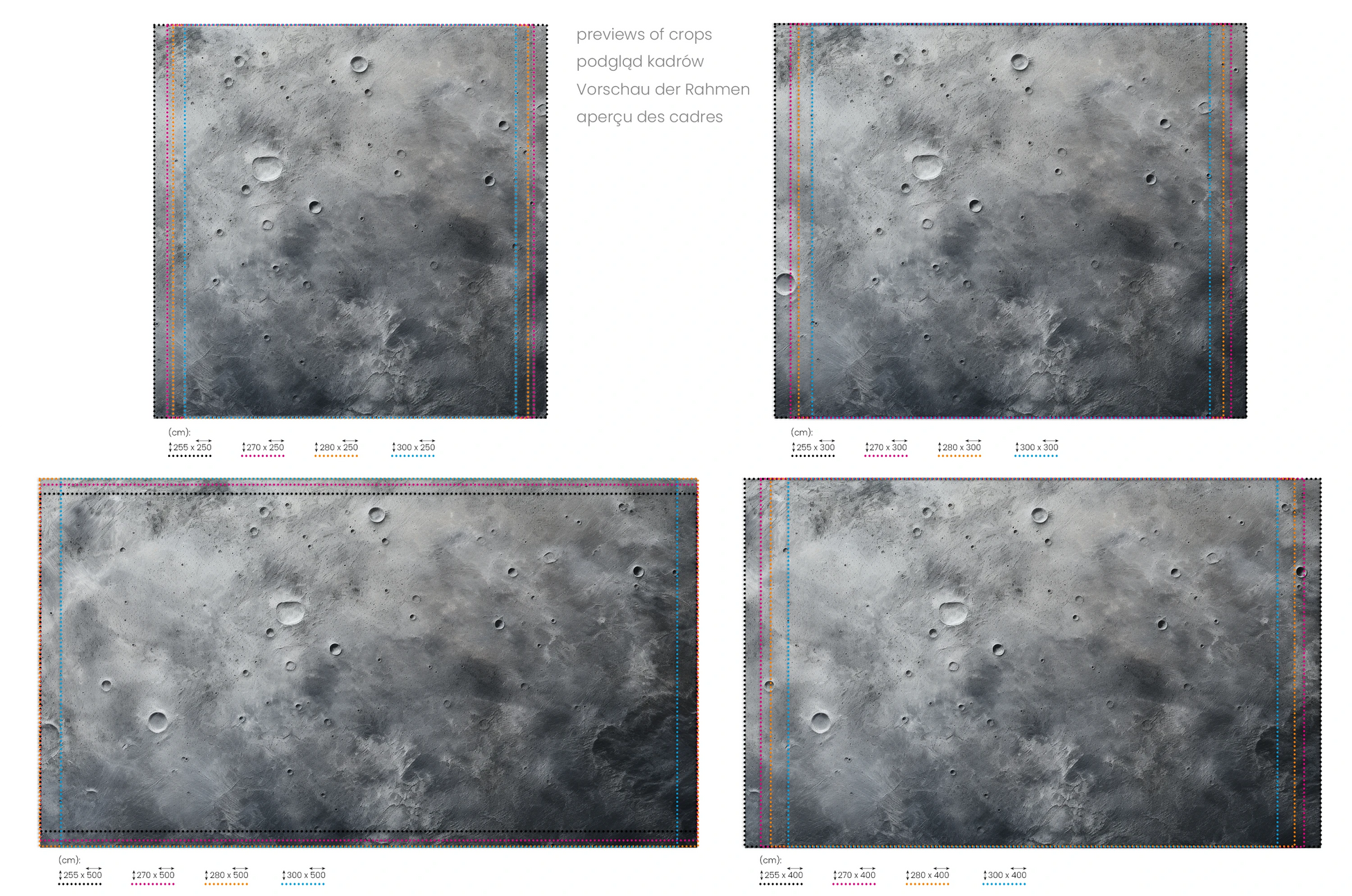 Na obrazie znajduje się prezentacja przykładowych rozmiarów fototapety o nazwie Pluto's Mystery. Rozmiar fototapety jest dowolny.