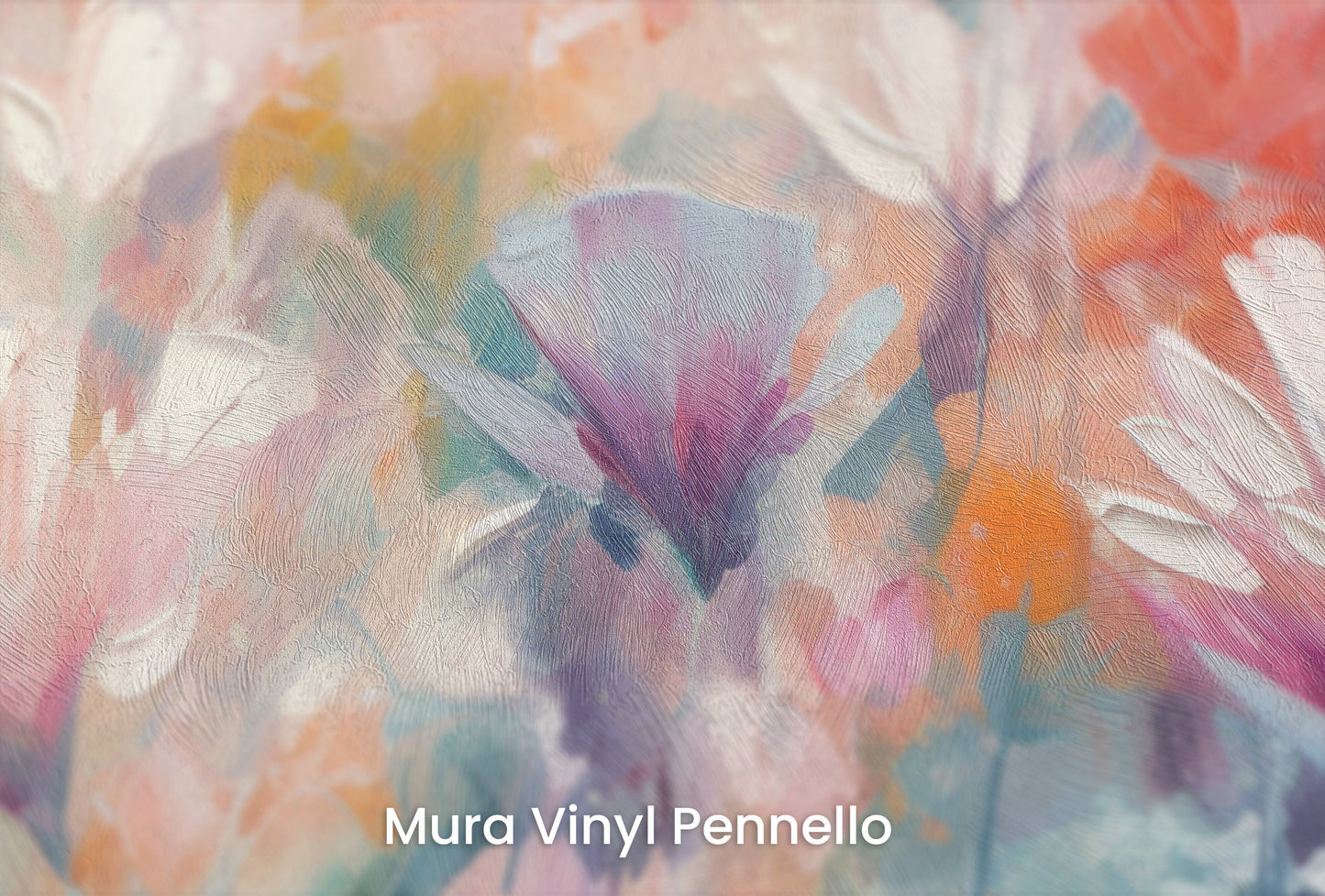 Zbliżenie na artystyczną fototapetę o nazwie Lively Floral Symphony na podłożu Mura Vinyl Pennello - faktura pociągnięć pędzla malarskiego.