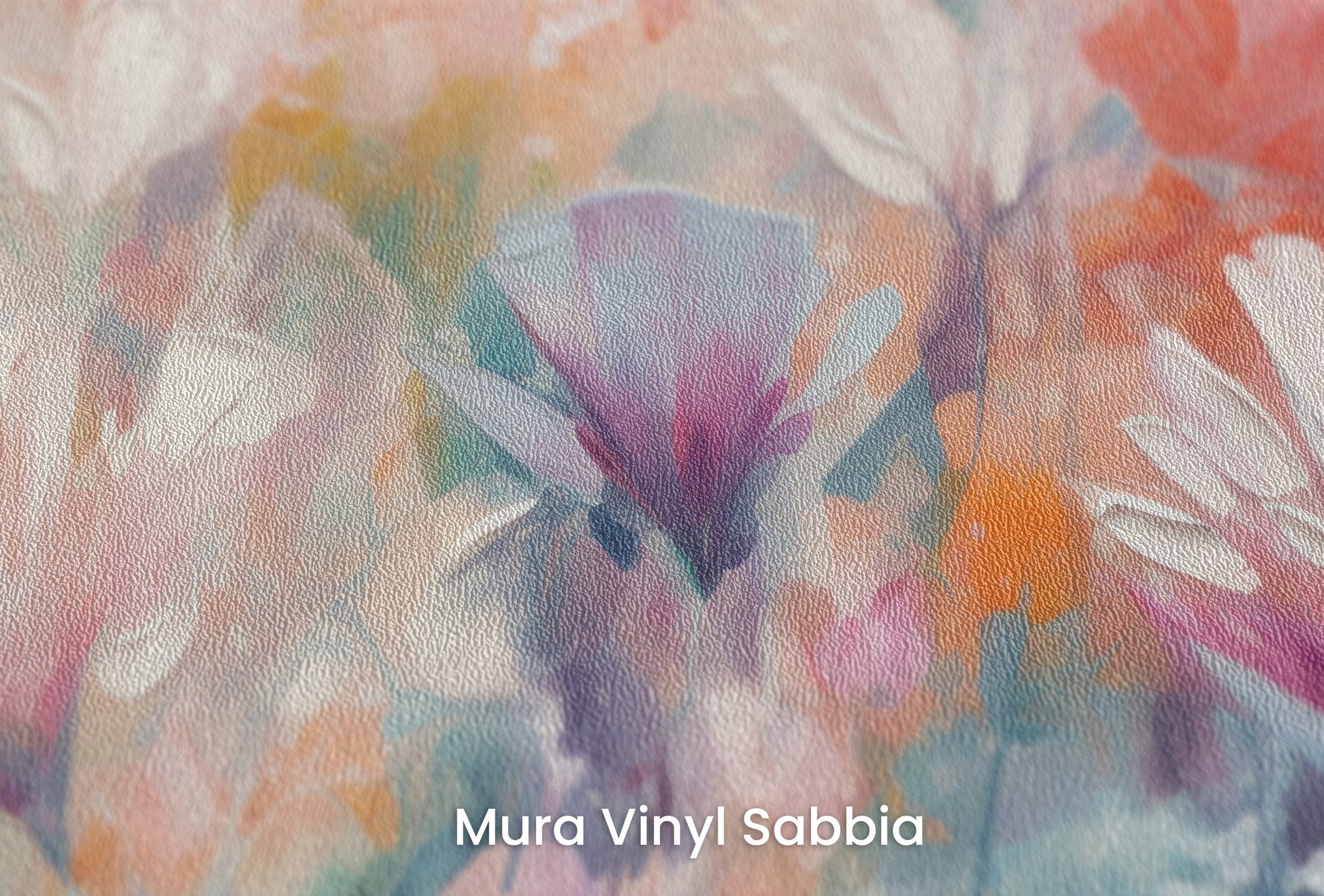 Zbliżenie na artystyczną fototapetę o nazwie Lively Floral Symphony na podłożu Mura Vinyl Sabbia struktura grubego ziarna piasku.
