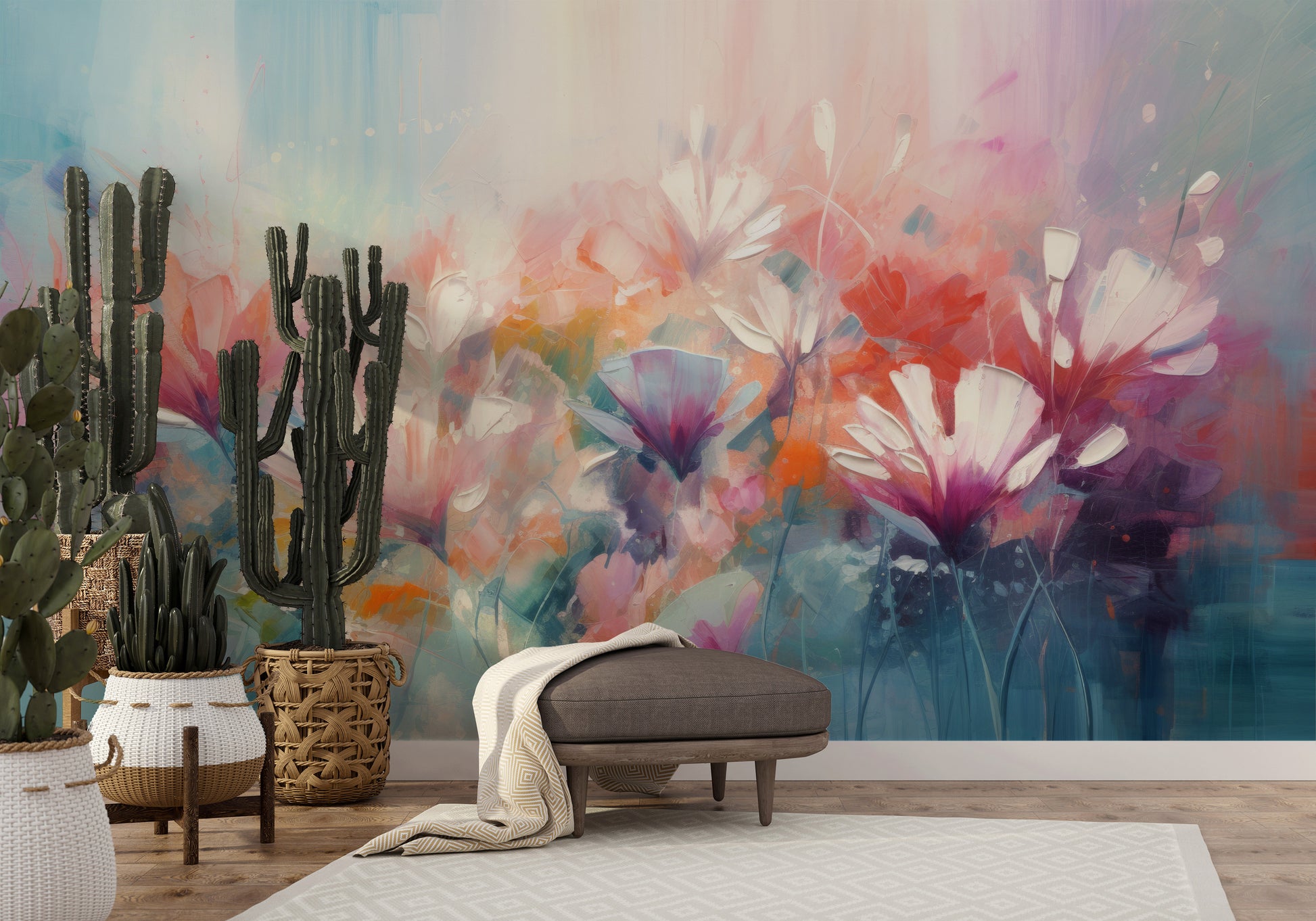 Fototapeta malowana o nazwie Lively Floral Symphony pokazana w aranżacji wnętrza.