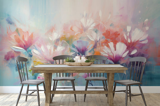 Wzór fototapety artystycznej o nazwie Lively Floral Symphony pokazanej w aranżacji wnętrza.