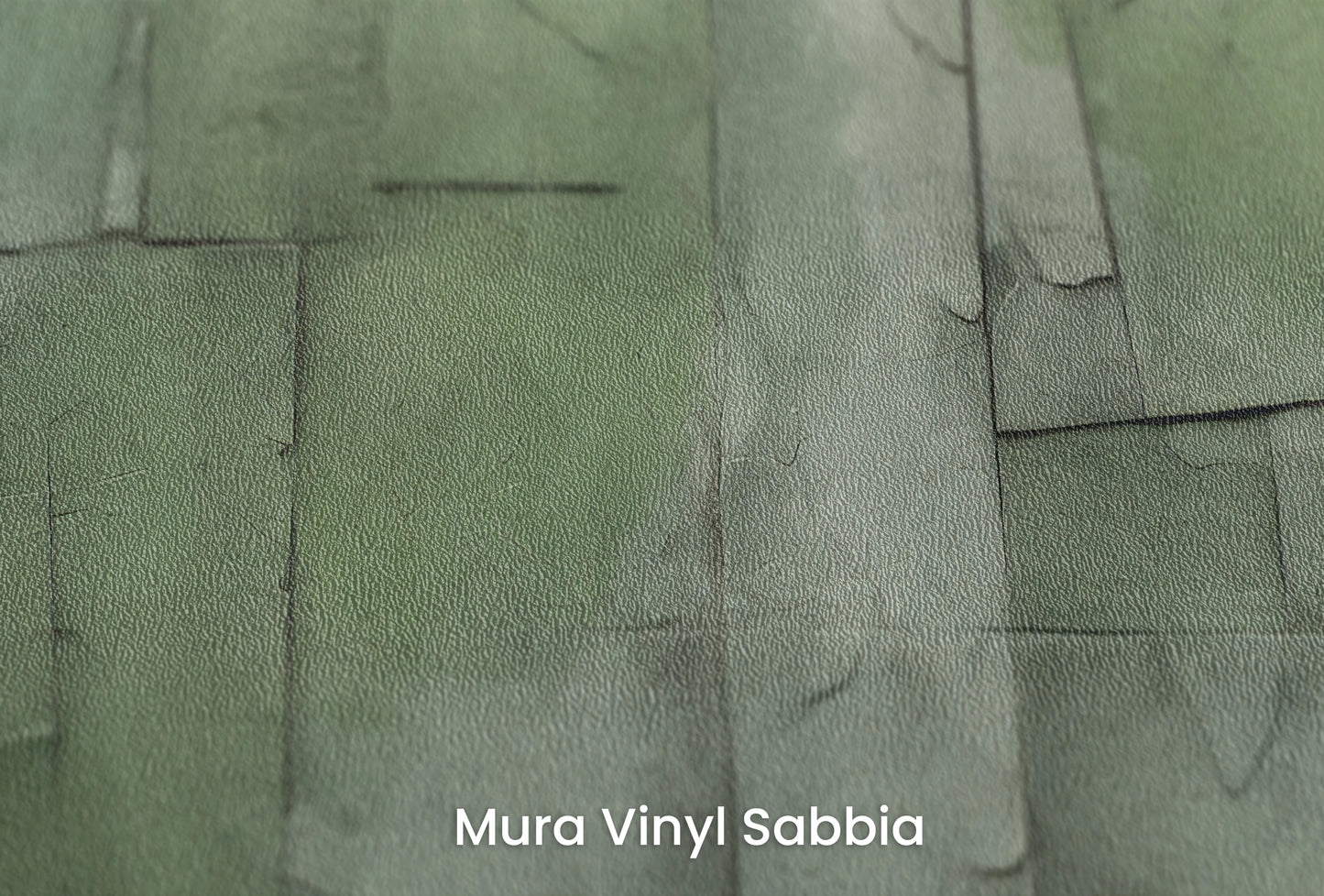 Zbliżenie na artystyczną fototapetę o nazwie Sage Brushstrokes na podłożu Mura Vinyl Sabbia struktura grubego ziarna piasku.