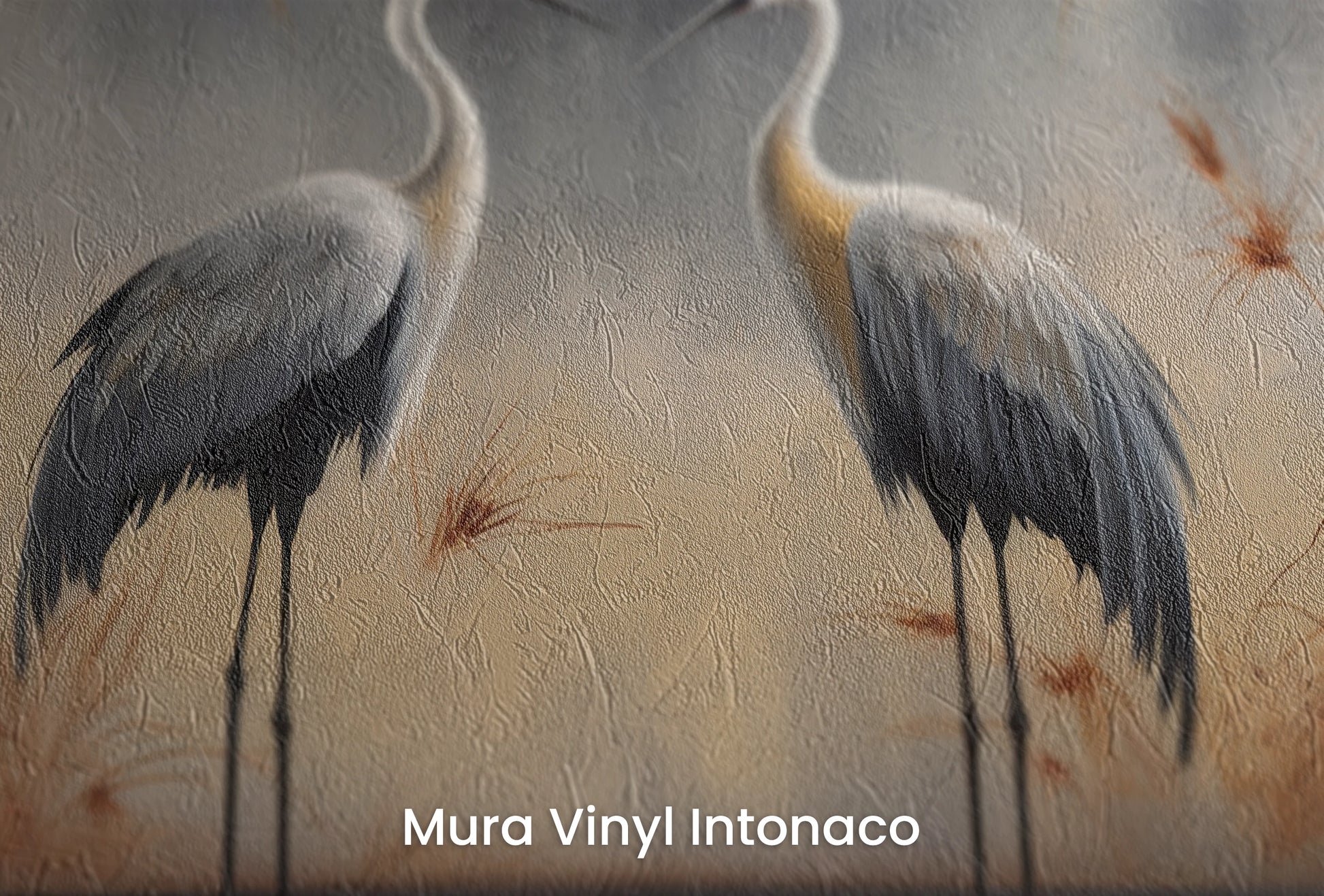 Zbliżenie na artystyczną fototapetę o nazwie Dusk Serenity na podłożu Mura Vinyl Intonaco - struktura tartego tynku.