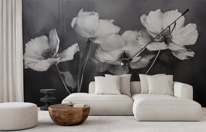 Fototapeta artystyczna o nazwie SHADOWED PETALS SYMPHONY pokazana w aranżacji wnętrza.