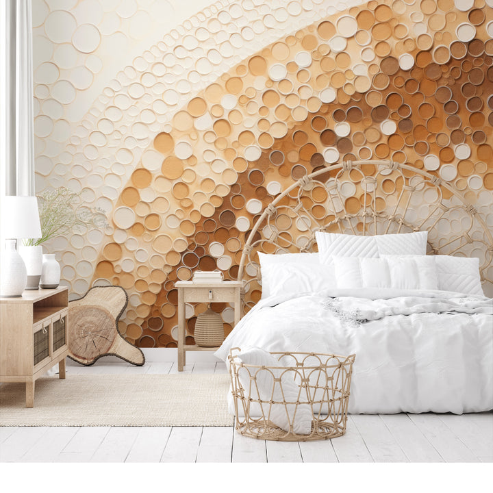 Wzór fototapety malowanej o nazwie GOLDEN BUBBLE SWARM pokazanej w aranżacji wnętrza.
