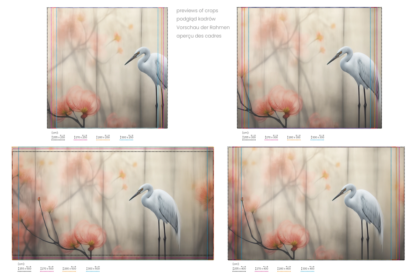 Na obrazie znajduje się prezentacja przykładowych rozmiarów fototapety o nazwie Solitary Heron. Rozmiar fototapety jest dowolny.