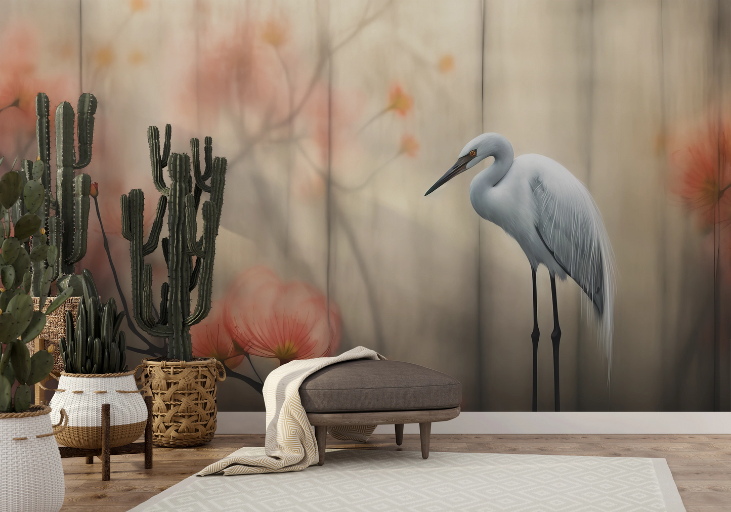 Wzór fototapety malowanej o nazwie Solitary Heron pokazanej w aranżacji wnętrza.