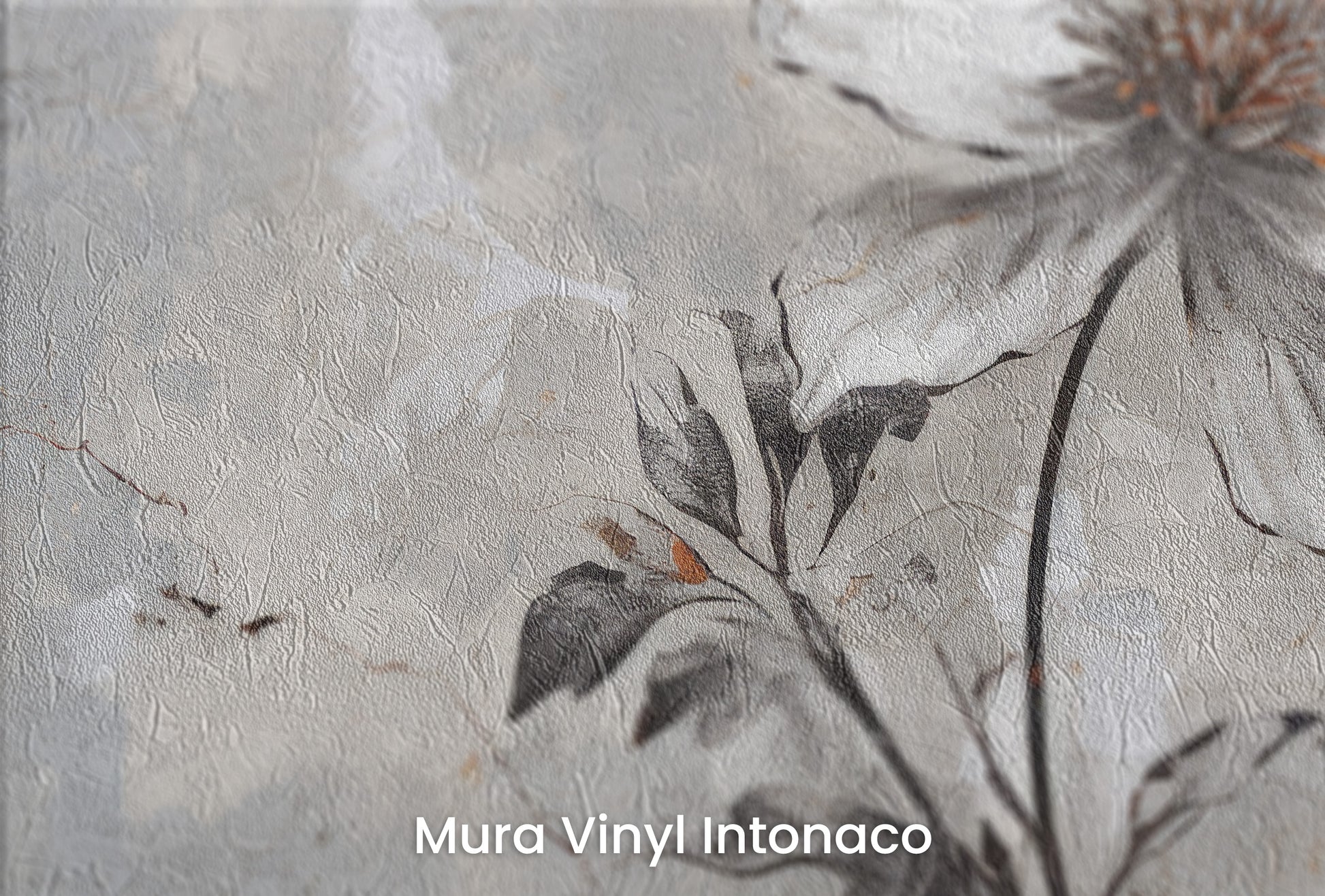 Zbliżenie na artystyczną fototapetę o nazwie INDUSTRIAL FLOWER ELEGANCE na podłożu Mura Vinyl Intonaco - struktura tartego tynku.