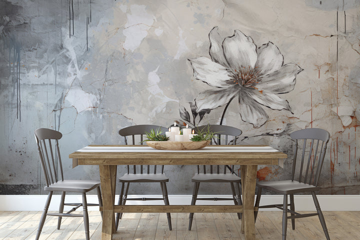 Wzór fototapety artystycznej o nazwie INDUSTRIAL FLOWER ELEGANCE pokazanej w aranżacji wnętrza.