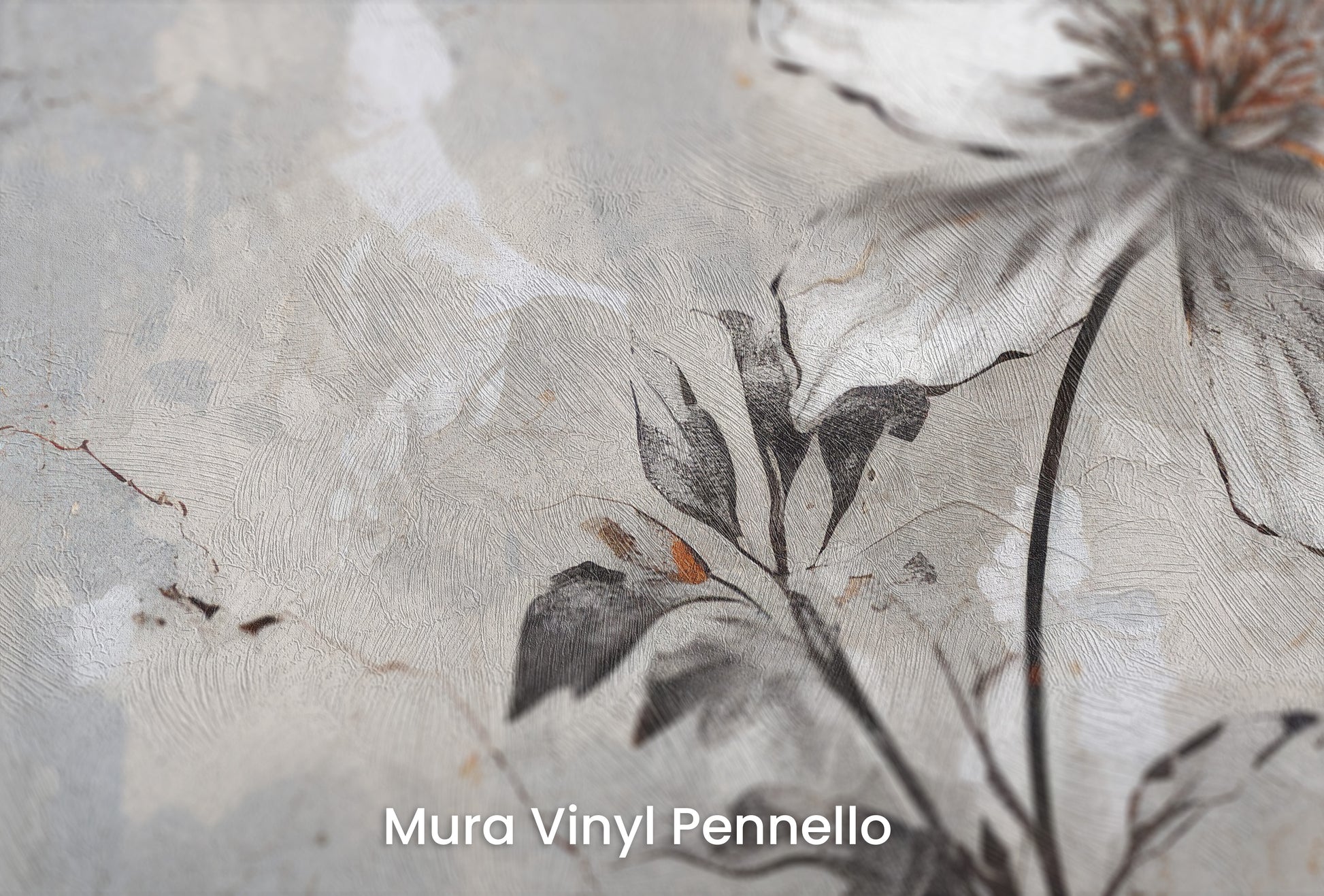Zbliżenie na artystyczną fototapetę o nazwie INDUSTRIAL FLOWER ELEGANCE na podłożu Mura Vinyl Pennello - faktura pociągnięć pędzla malarskiego.
