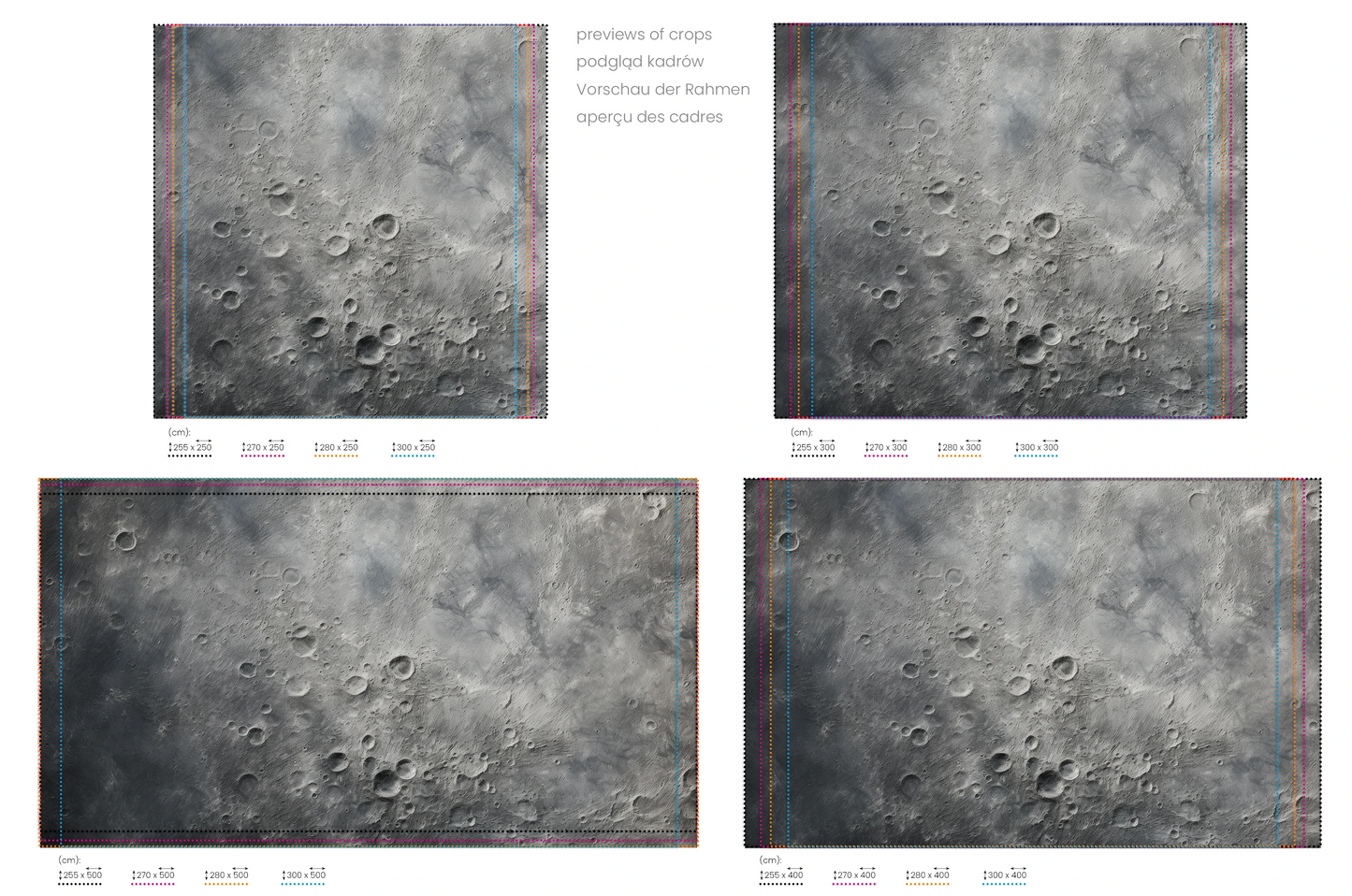 Na obrazie znajduje się prezentacja przykładowych rozmiarów fototapety o nazwie Moon's Monochrome 2. Rozmiar fototapety jest dowolny.