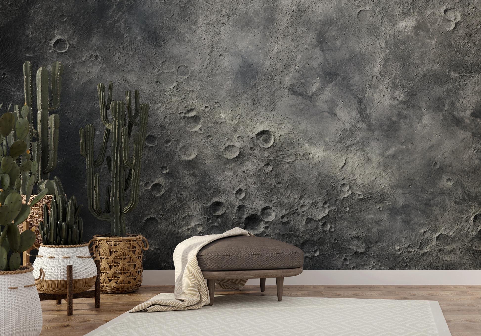 Wzór fototapety malowanej o nazwie Moon's Monochrome 2 pokazanej w aranżacji wnętrza.