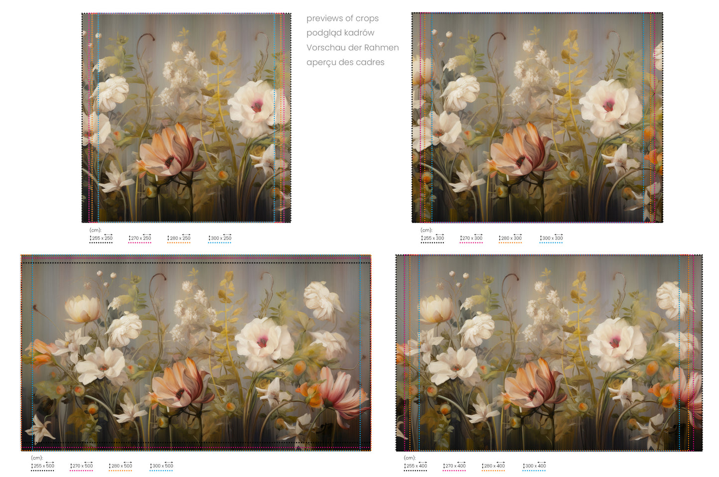 Na obrazie znajduje się prezentacja przykładowych rozmiarów fototapety o nazwie Misty Floral Canvas. Rozmiar fototapety jest dowolny.
