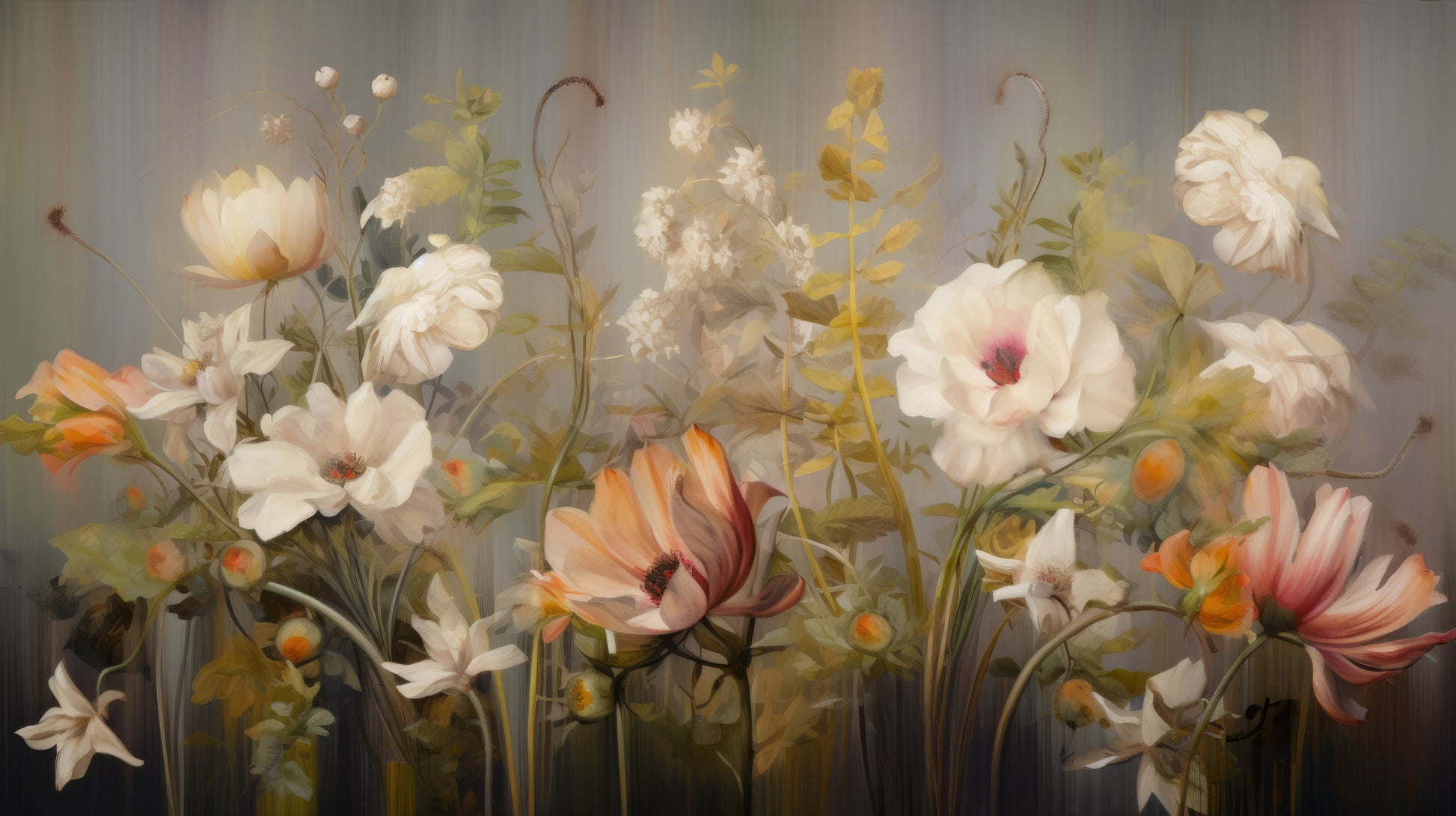 Prezentacja całego wzoru fototapety o nazwie Misty Floral Canvas