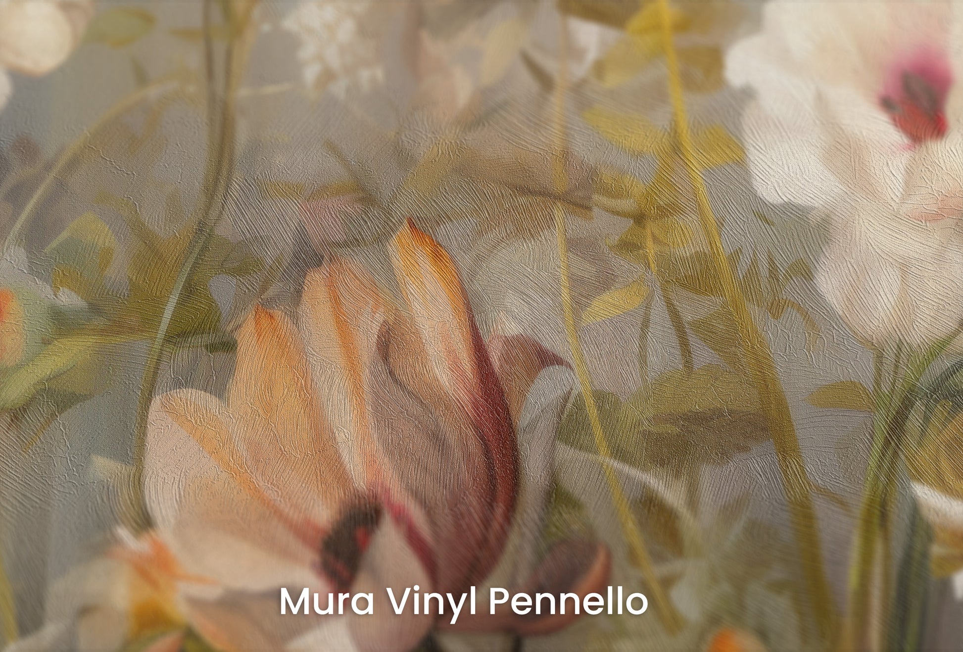 Zbliżenie na artystyczną fototapetę o nazwie Misty Floral Canvas na podłożu Mura Vinyl Pennello - faktura pociągnięć pędzla malarskiego.