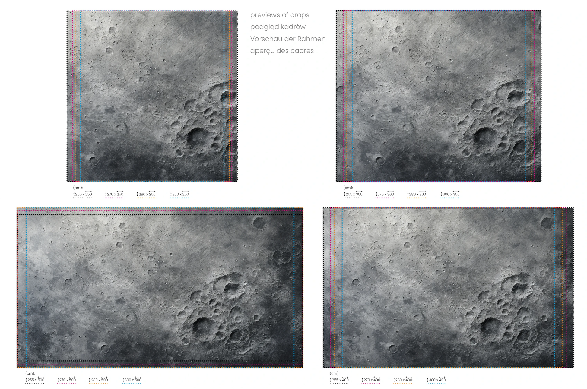 Na obrazie znajduje się prezentacja przykładowych rozmiarów fototapety o nazwie Lunar Detail. Rozmiar fototapety jest dowolny.