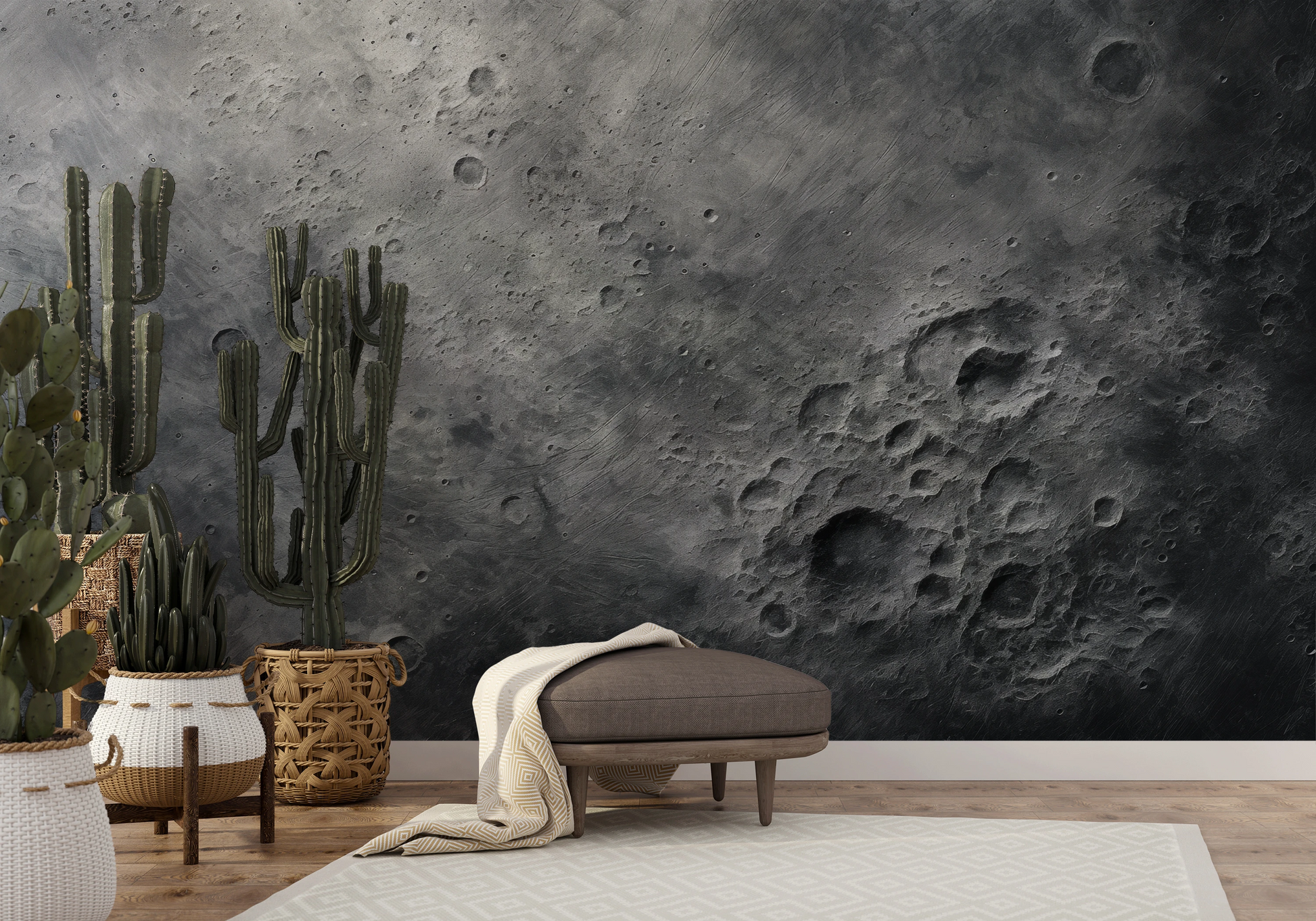 Wzór fototapety artystycznej o nazwie Lunar Detail pokazanej w aranżacji wnętrza.