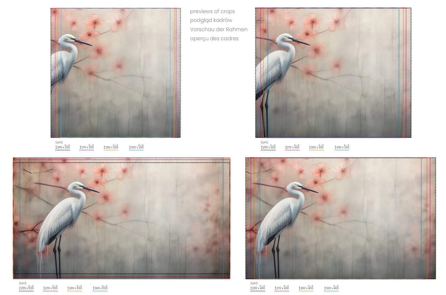 Na obrazie znajduje się prezentacja przykładowych rozmiarów fototapety o nazwie Peaceful Heron. Rozmiar fototapety jest dowolny.