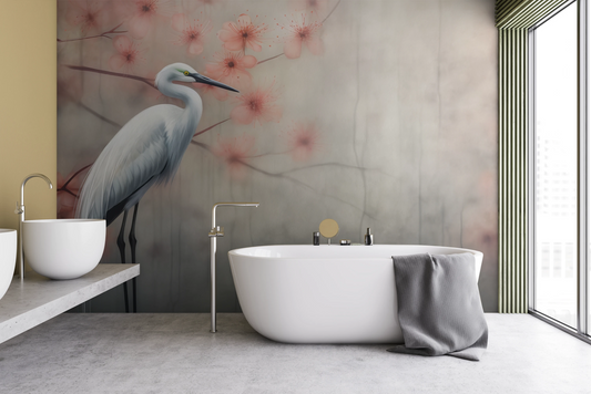 Wzór fototapety artystycznej o nazwie Peaceful Heron pokazanej w aranżacji wnętrza.