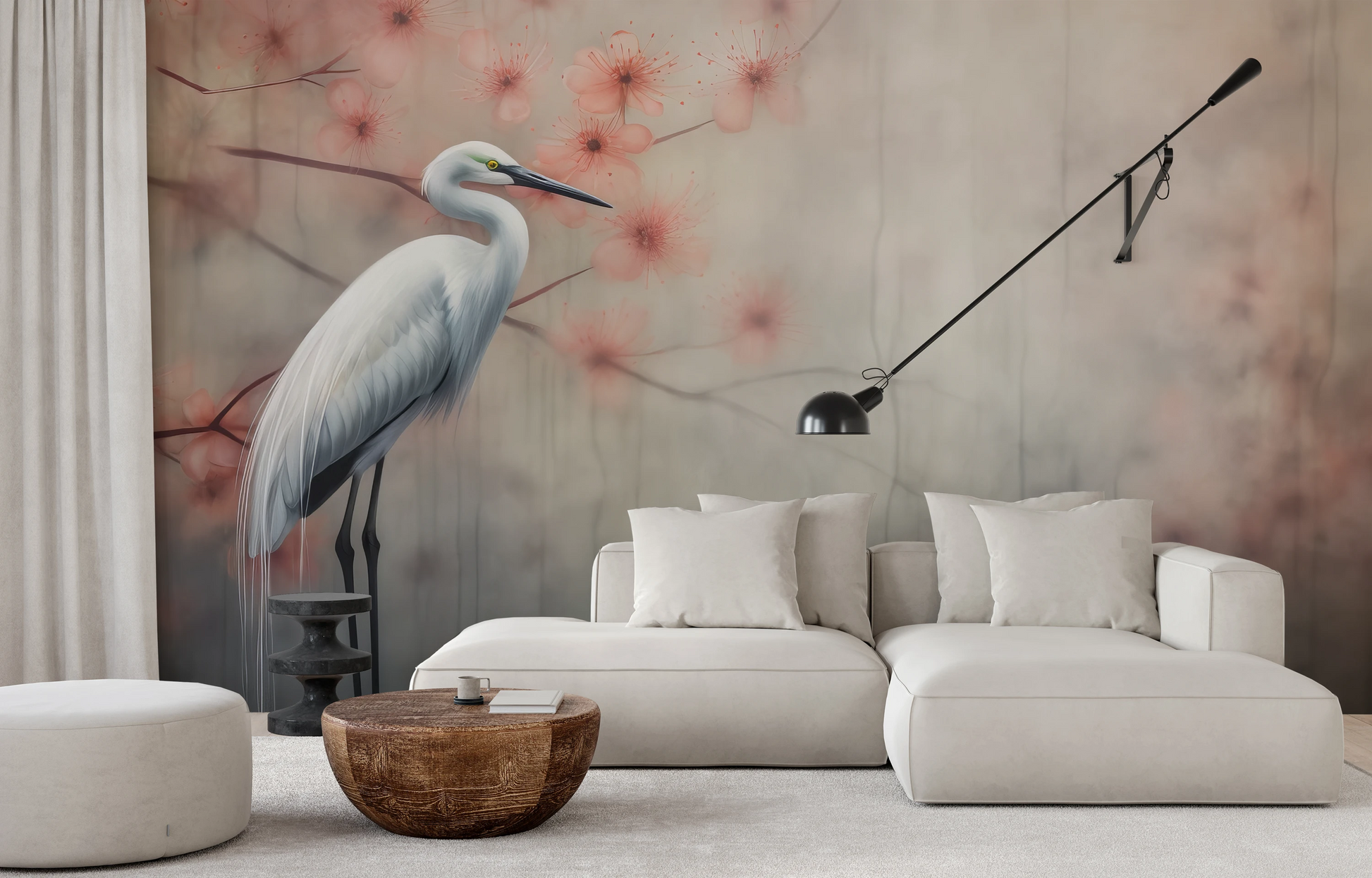 Fototapeta malowana o nazwie Peaceful Heron pokazana w aranżacji wnętrza.