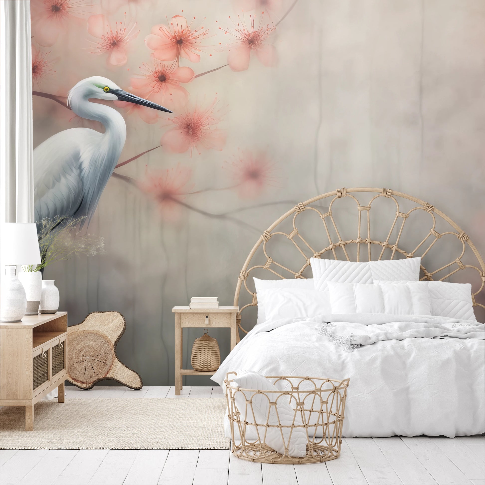 Wzór fototapety artystycznej o nazwie Peaceful Heron pokazanej w aranżacji wnętrza.