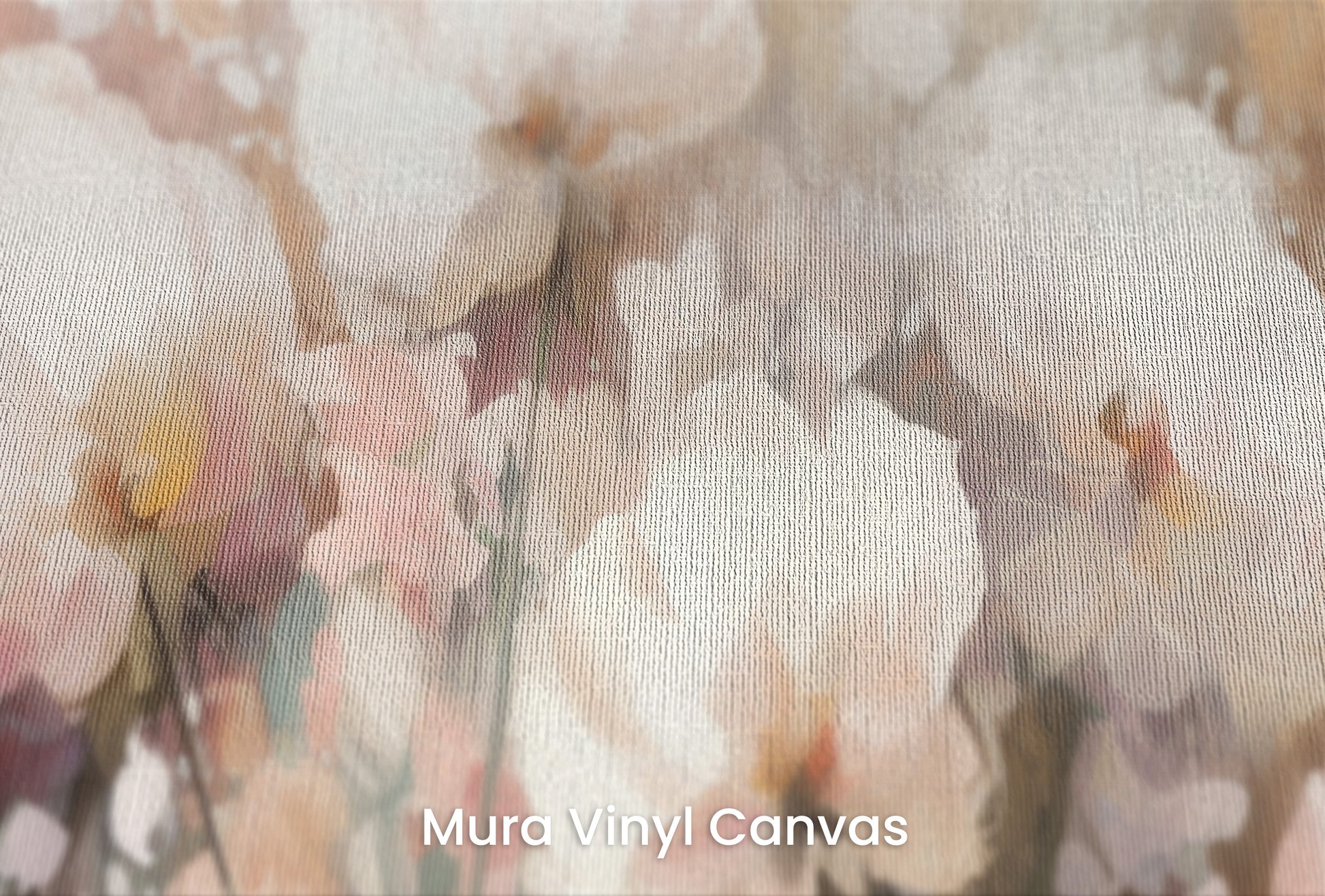 Zbliżenie na artystyczną fototapetę o nazwie Misty Blossom Drift na podłożu Mura Vinyl Canvas - faktura naturalnego płótna.