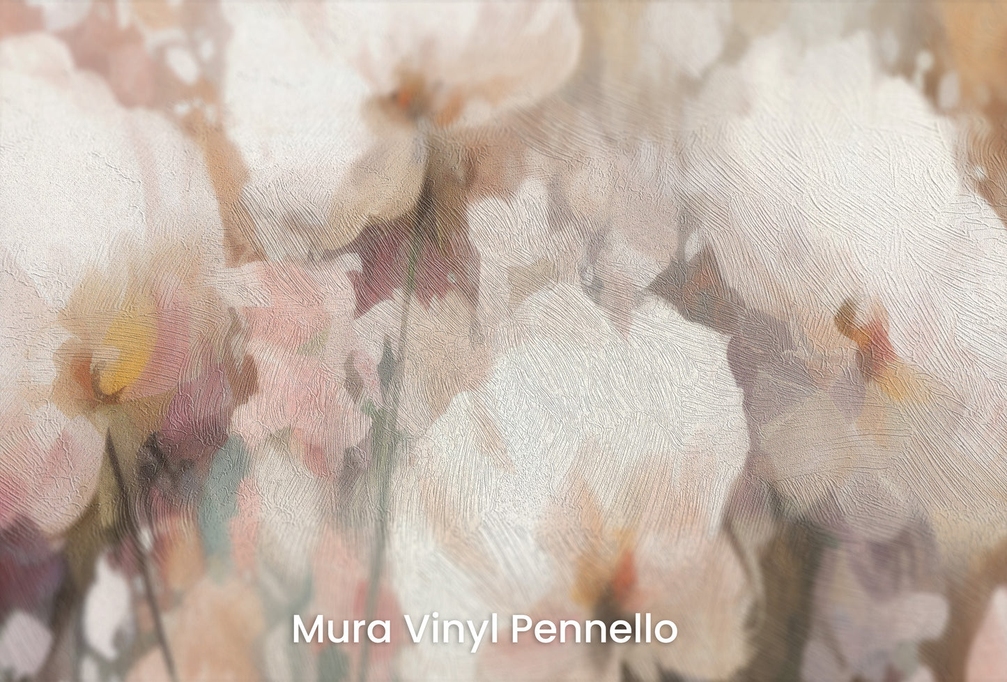 Zbliżenie na artystyczną fototapetę o nazwie Misty Blossom Drift na podłożu Mura Vinyl Pennello - faktura pociągnięć pędzla malarskiego.