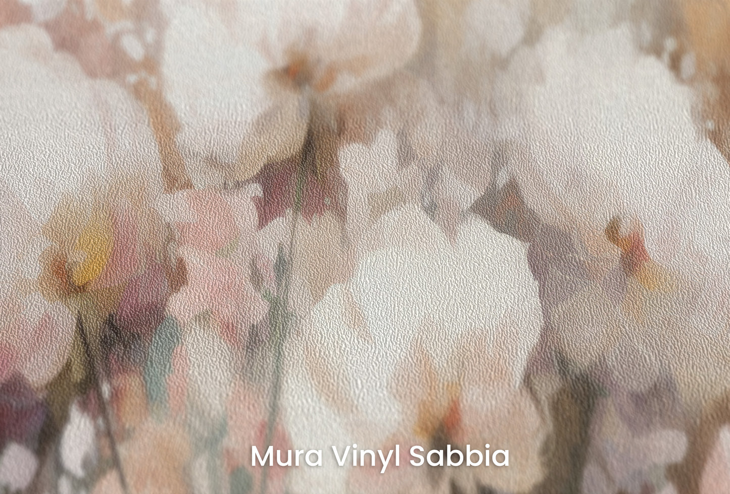 Zbliżenie na artystyczną fototapetę o nazwie Misty Blossom Drift na podłożu Mura Vinyl Sabbia struktura grubego ziarna piasku.