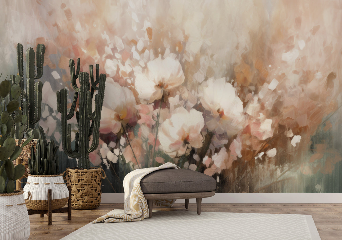 Wzór fototapety artystycznej o nazwie Misty Blossom Drift pokazanej w aranżacji wnętrza.
