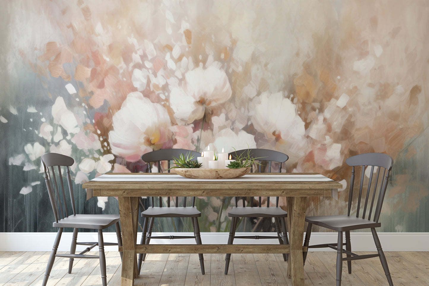 Fototapeta malowana o nazwie Misty Blossom Drift pokazana w aranżacji wnętrza.