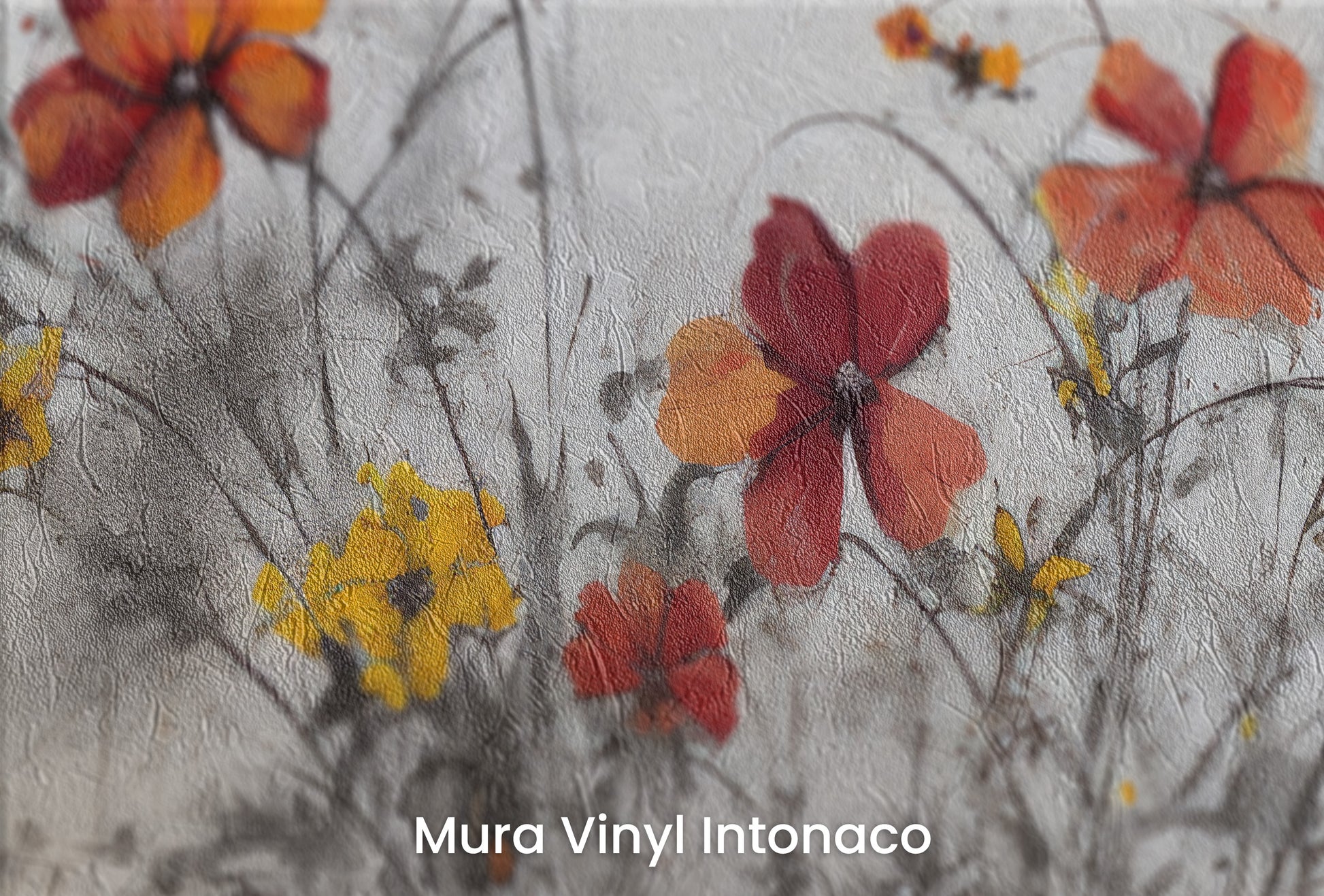 Zbliżenie na artystyczną fototapetę o nazwie VIVID AUTUMN WHISPERS na podłożu Mura Vinyl Intonaco - struktura tartego tynku.