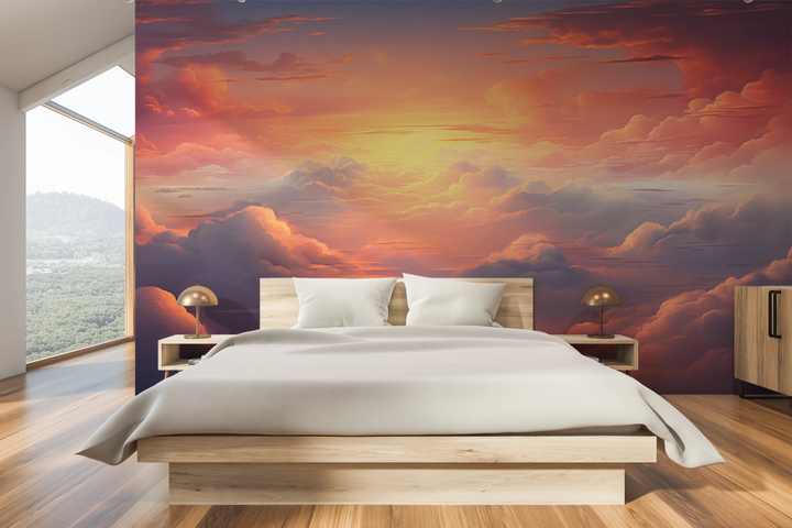 Zdjęcie prezentuje aranżację wnętrza z użyciem fototapety o nazwie Fiery Skyline #2 pokazanej w aranżacji wnętrza.