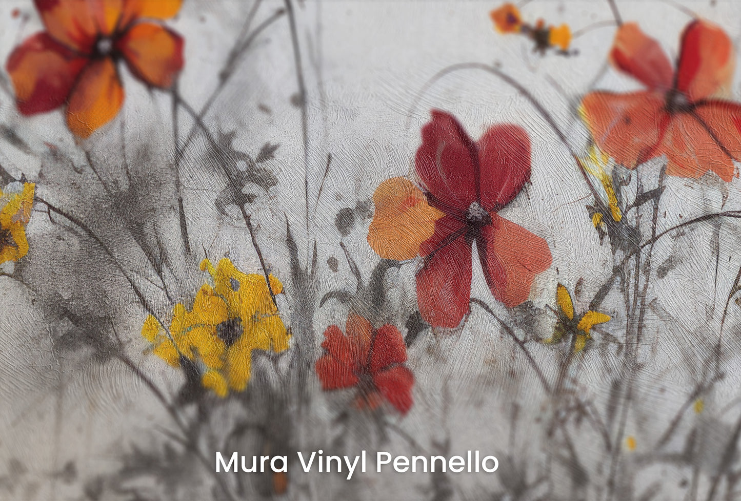 Zbliżenie na artystyczną fototapetę o nazwie VIVID AUTUMN WHISPERS na podłożu Mura Vinyl Pennello - faktura pociągnięć pędzla malarskiego.