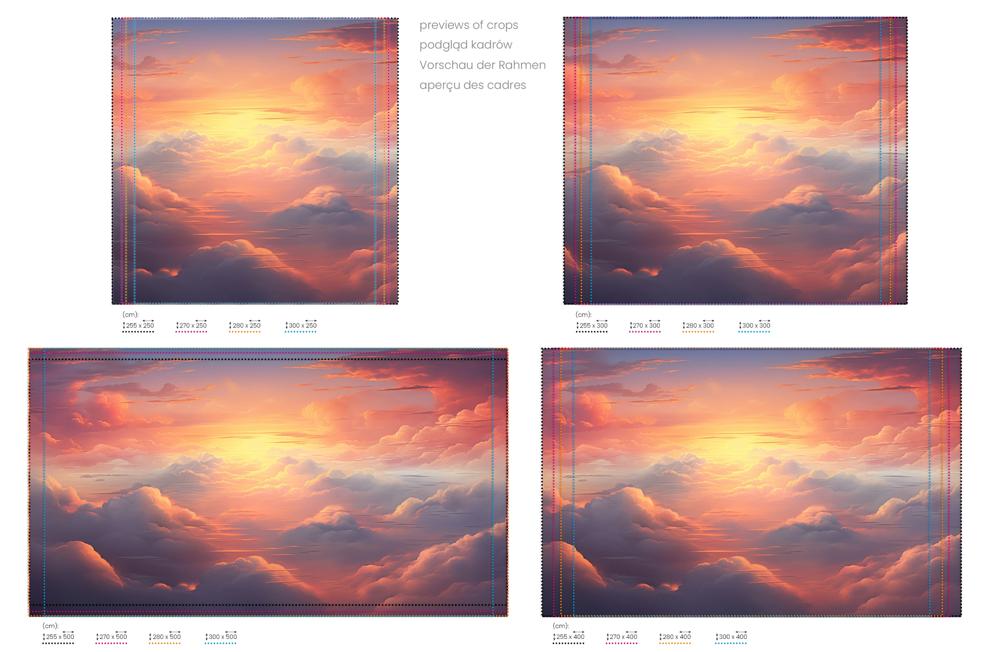 Na obrazie znajduje się prezentacja przykładowych rozmiarów fototapety o nazwie Fiery Skyline #2. Rozmiar fototapety jest dowolny.