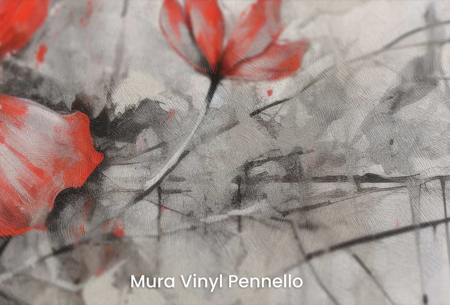 Zbliżenie na artystyczną fototapetę o nazwie CRIMSON BRUSHSTROKE BEAUTY na podłożu Mura Vinyl Pennello - faktura pociągnięć pędzla malarskiego.