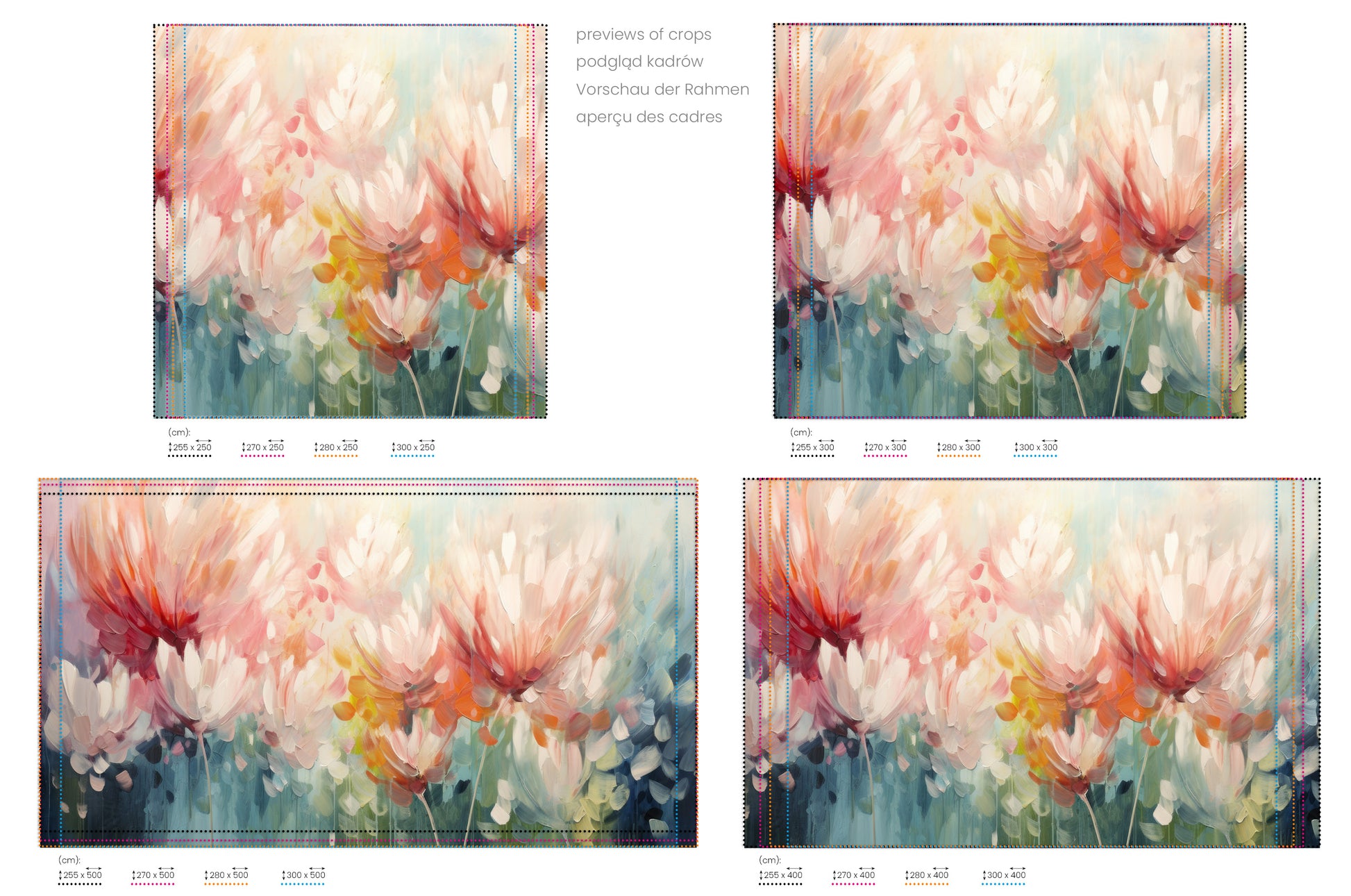 Na obrazie znajduje się prezentacja przykładowych rozmiarów fototapety o nazwie Floral Burst. Rozmiar fototapety jest dowolny.