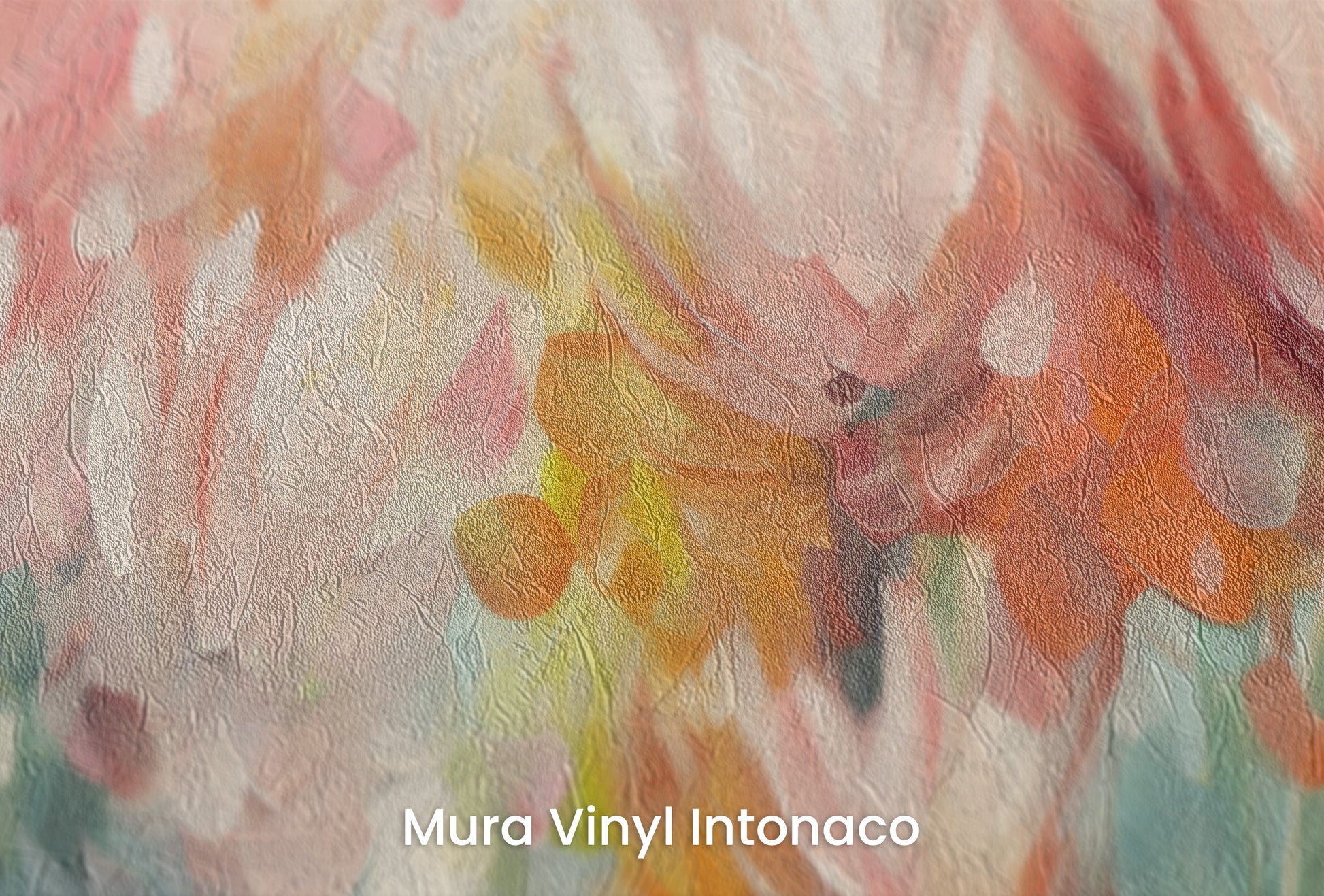 Zbliżenie na artystyczną fototapetę o nazwie Floral Burst na podłożu Mura Vinyl Intonaco - struktura tartego tynku.