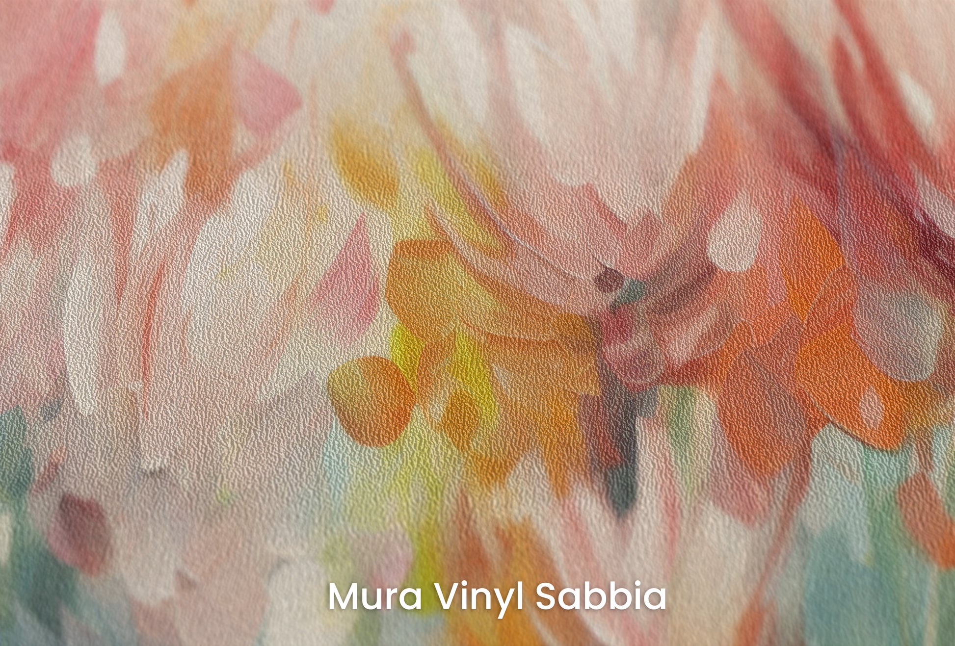 Zbliżenie na artystyczną fototapetę o nazwie Floral Burst na podłożu Mura Vinyl Sabbia struktura grubego ziarna piasku.