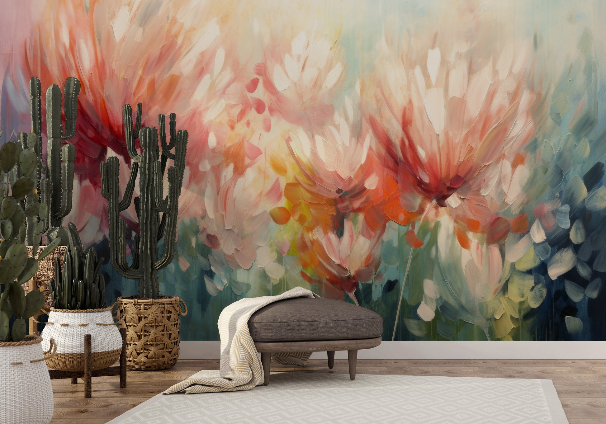 Wzór fototapety o nazwie Floral Burst pokazanej w kontekście pomieszczenia.