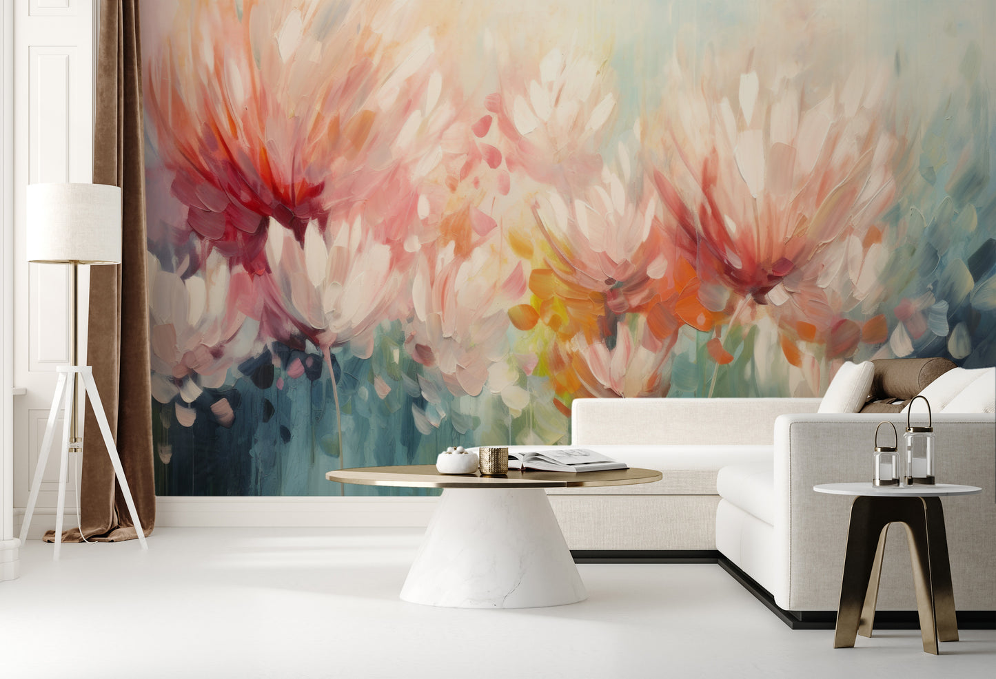 Wzór fototapety artystycznej o nazwie Floral Burst pokazanej w aranżacji wnętrza.