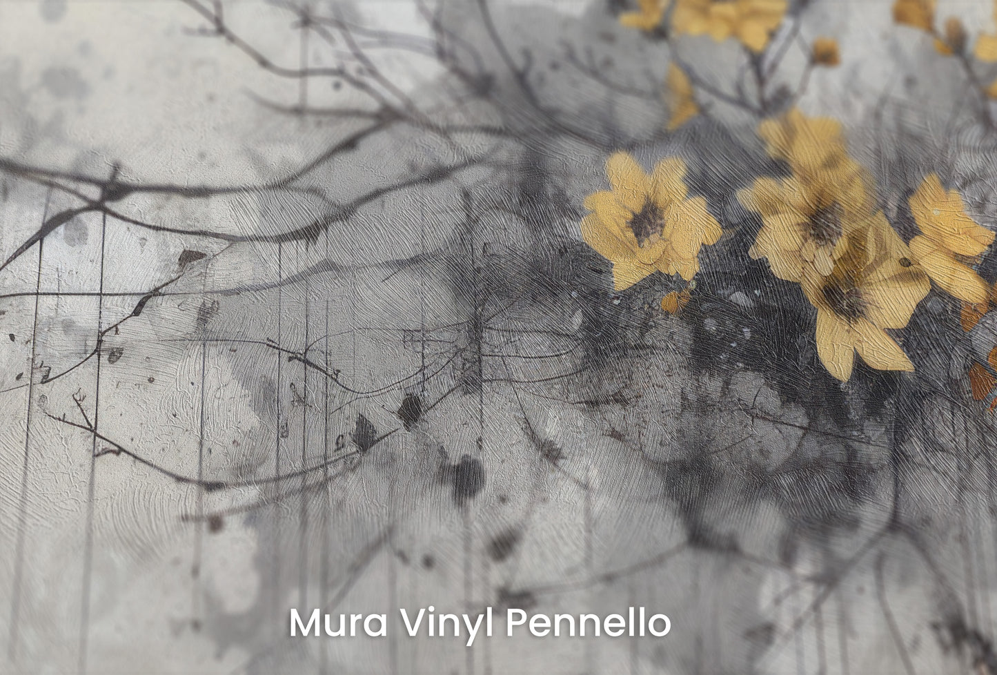 Zbliżenie na artystyczną fototapetę o nazwie GOLDEN SPRING AWAKENING na podłożu Mura Vinyl Pennello - faktura pociągnięć pędzla malarskiego.