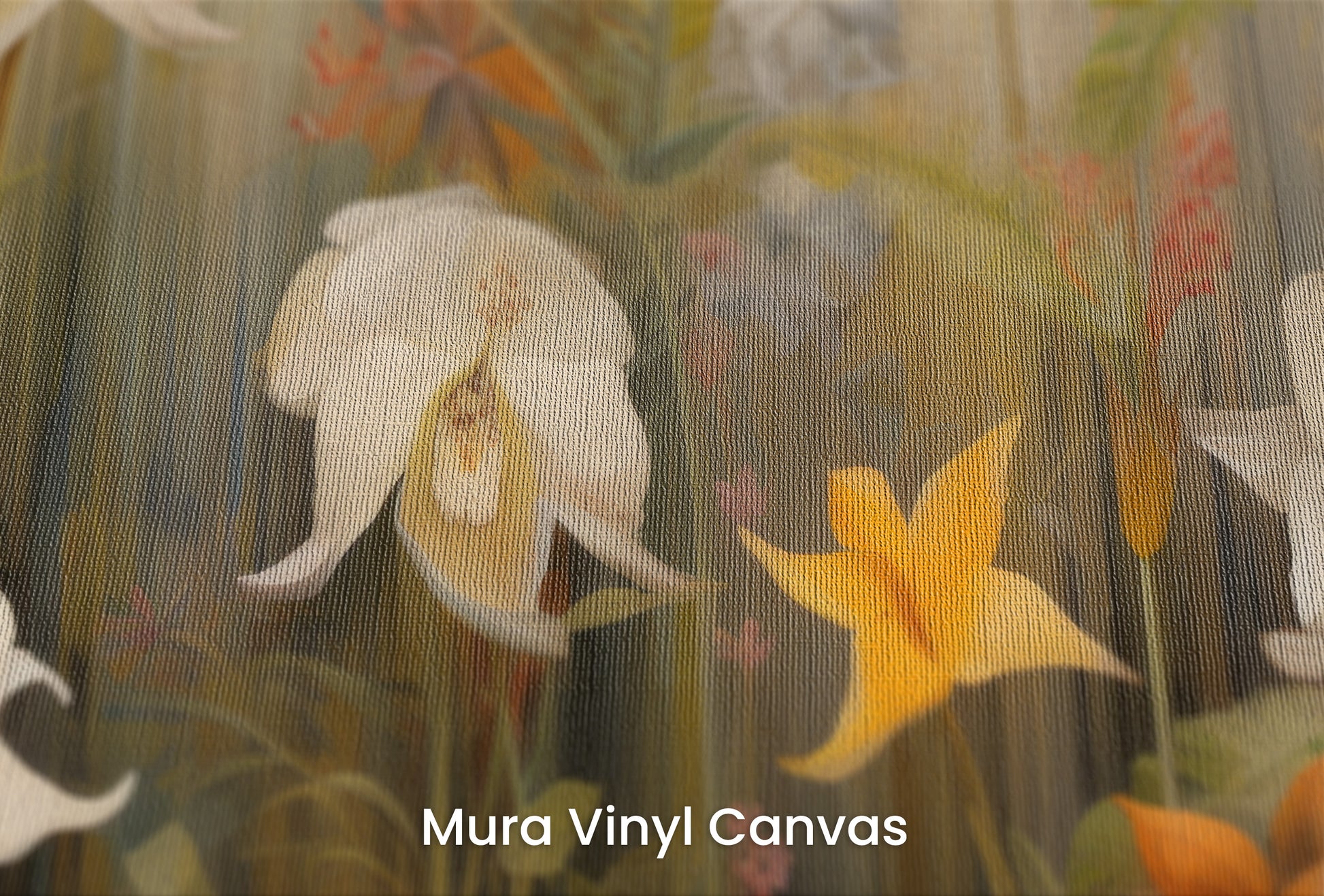 Zbliżenie na artystyczną fototapetę o nazwie Exotic Garden Serenity na podłożu Mura Vinyl Canvas - faktura naturalnego płótna.