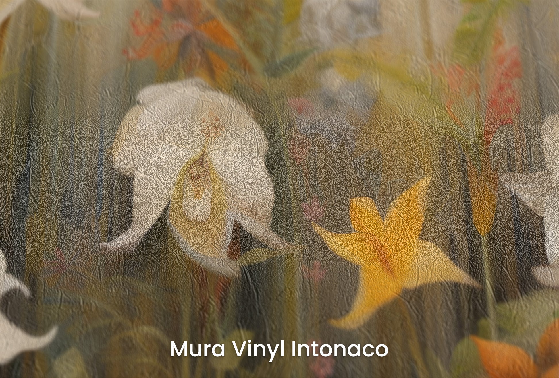 Zbliżenie na artystyczną fototapetę o nazwie Exotic Garden Serenity na podłożu Mura Vinyl Intonaco - struktura tartego tynku.