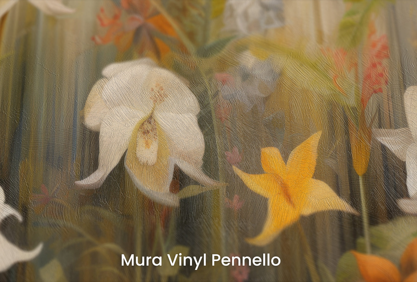 Zbliżenie na artystyczną fototapetę o nazwie Exotic Garden Serenity na podłożu Mura Vinyl Pennello - faktura pociągnięć pędzla malarskiego.